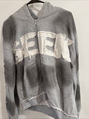 Men's Gray Zip-Up Hooded Sweatshirt with Distressed Patch Detail